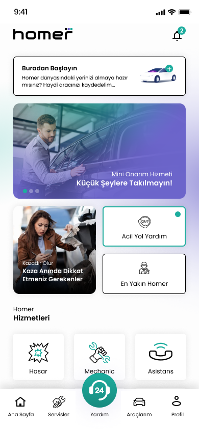 Homer Mobil Uygulaması - Hasarlı Otomobil Merkezi Arayüzü
